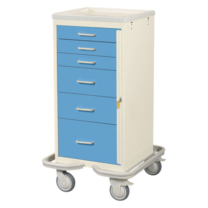 AliMed Mini Series 6-Drawer Emergency Tower Cart with blue drawers, sturdy handles, and wheels for easy mobility.