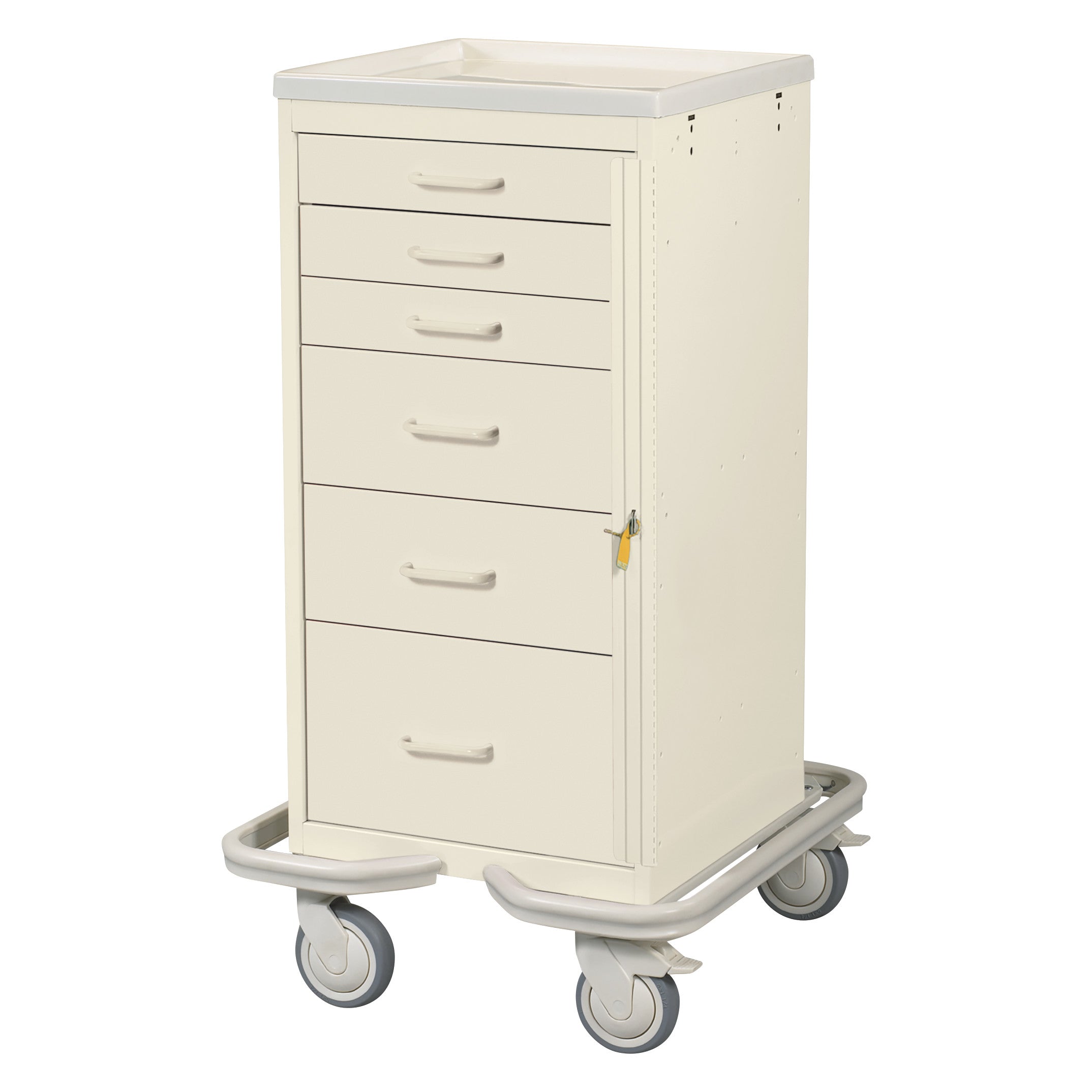 AliMed Mini Series 6-Drawer Emergency Tower Cart with a beige finish, six drawers, and four wheels for mobility.