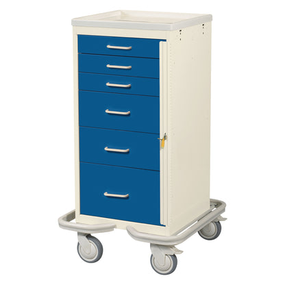 The AliMed Mini Series 6-Drawer Emergency Tower Cart features six blue drawers on a mobile stand with four casters and a white frame.