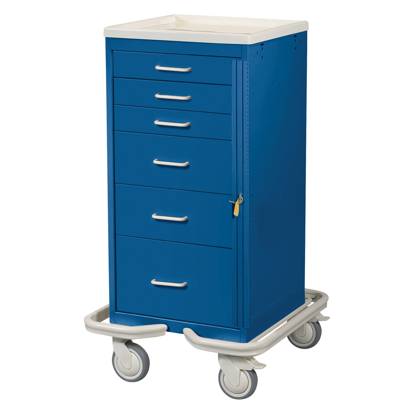 AliMed Mini Series 6-Drawer Emergency Tower Cart in blue, with a white top, five drawers, lock, and four wheels with a protective bumper.