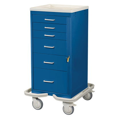 AliMed Mini Series 6-Drawer Emergency Tower Cart in blue, with a white top, five drawers, lock, and four wheels with a protective bumper.
