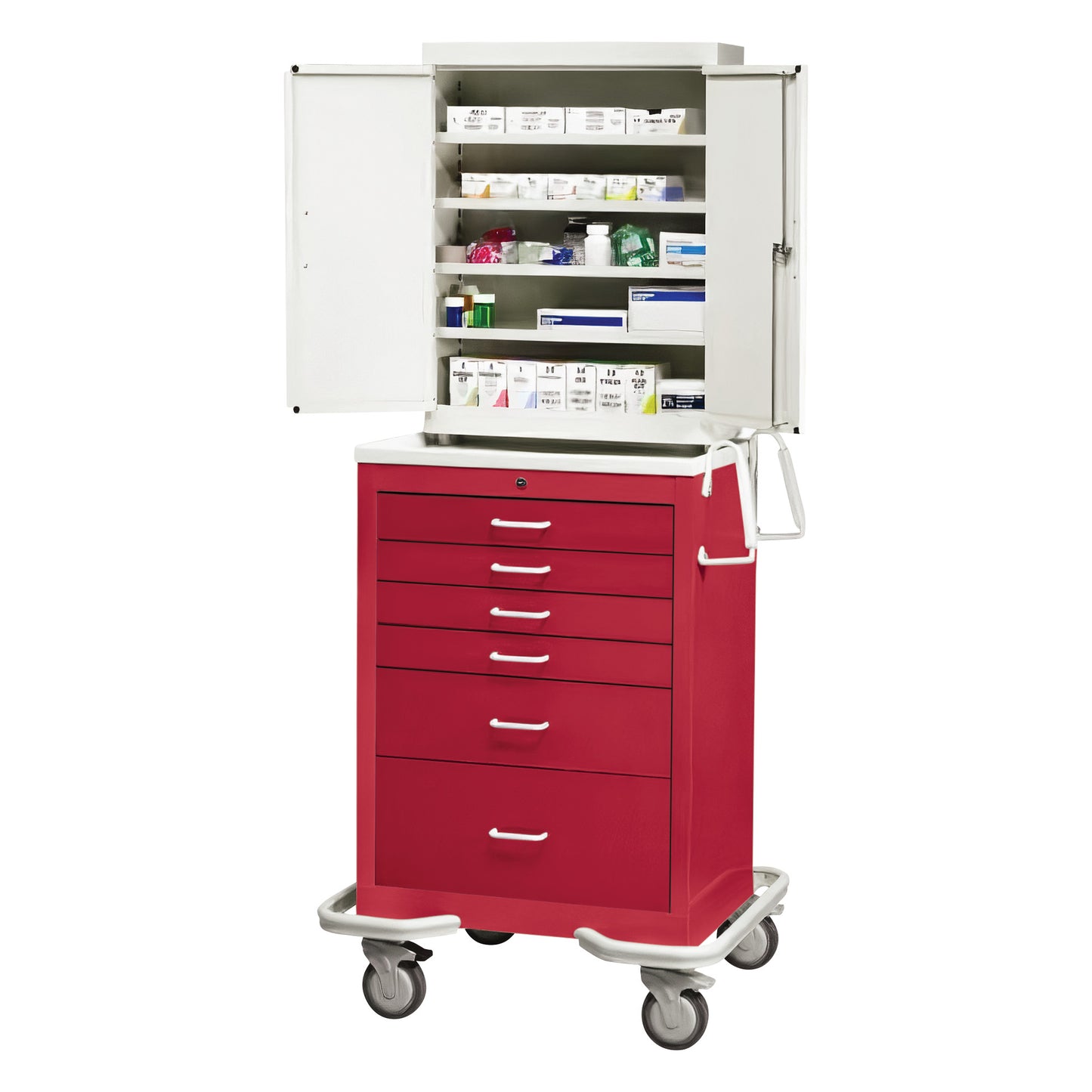 AliMed Standard Series 6-Drawer Suture Cart with Key Lock features open shelves and drawers, stocked with medical supplies on wheels.