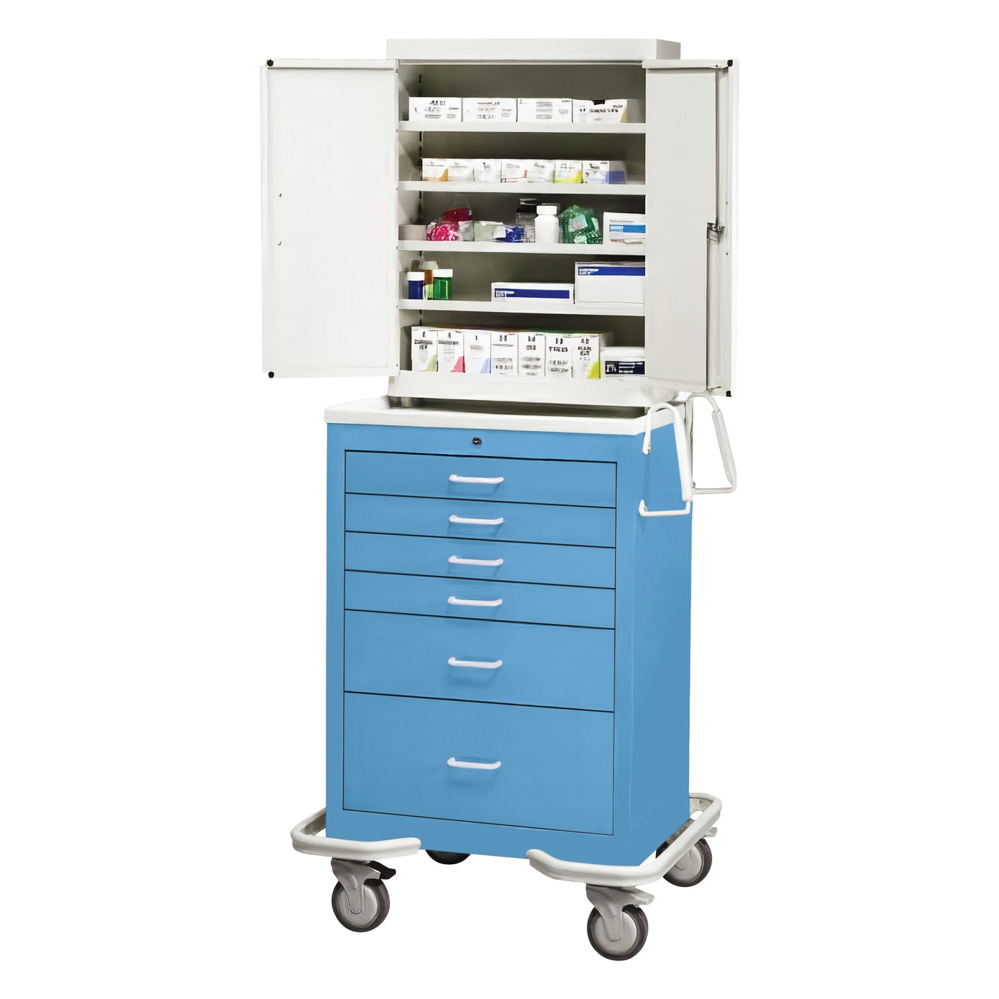 The AliMed Standard Series 6-Drawer Suture Cart with Key Lock, in blue, features wheels and an open top section displaying various supplies.