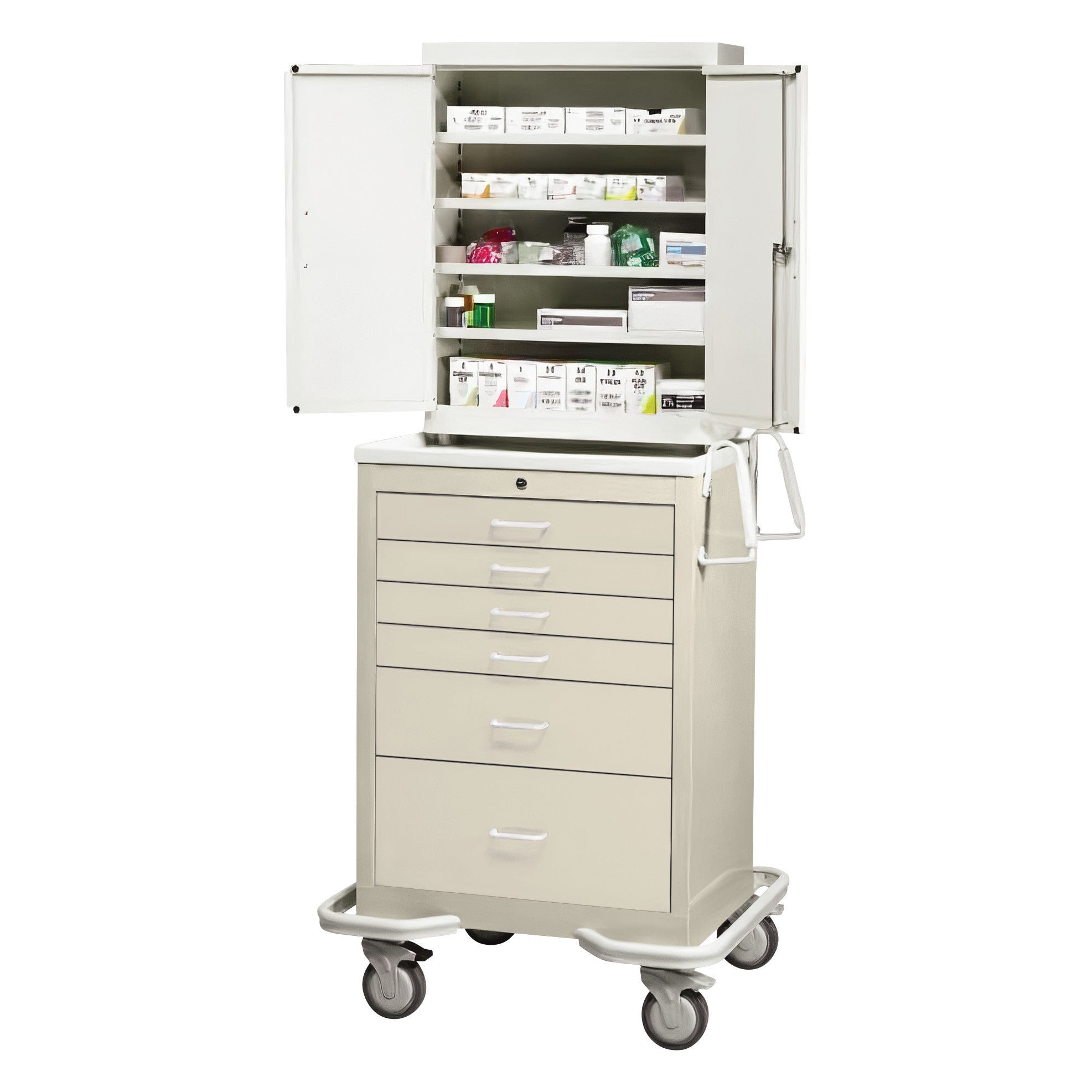 AliMed Standard Series 6-Drawer Suture Cart with Key Lock, featuring an open top cabinet and wheels for mobility.