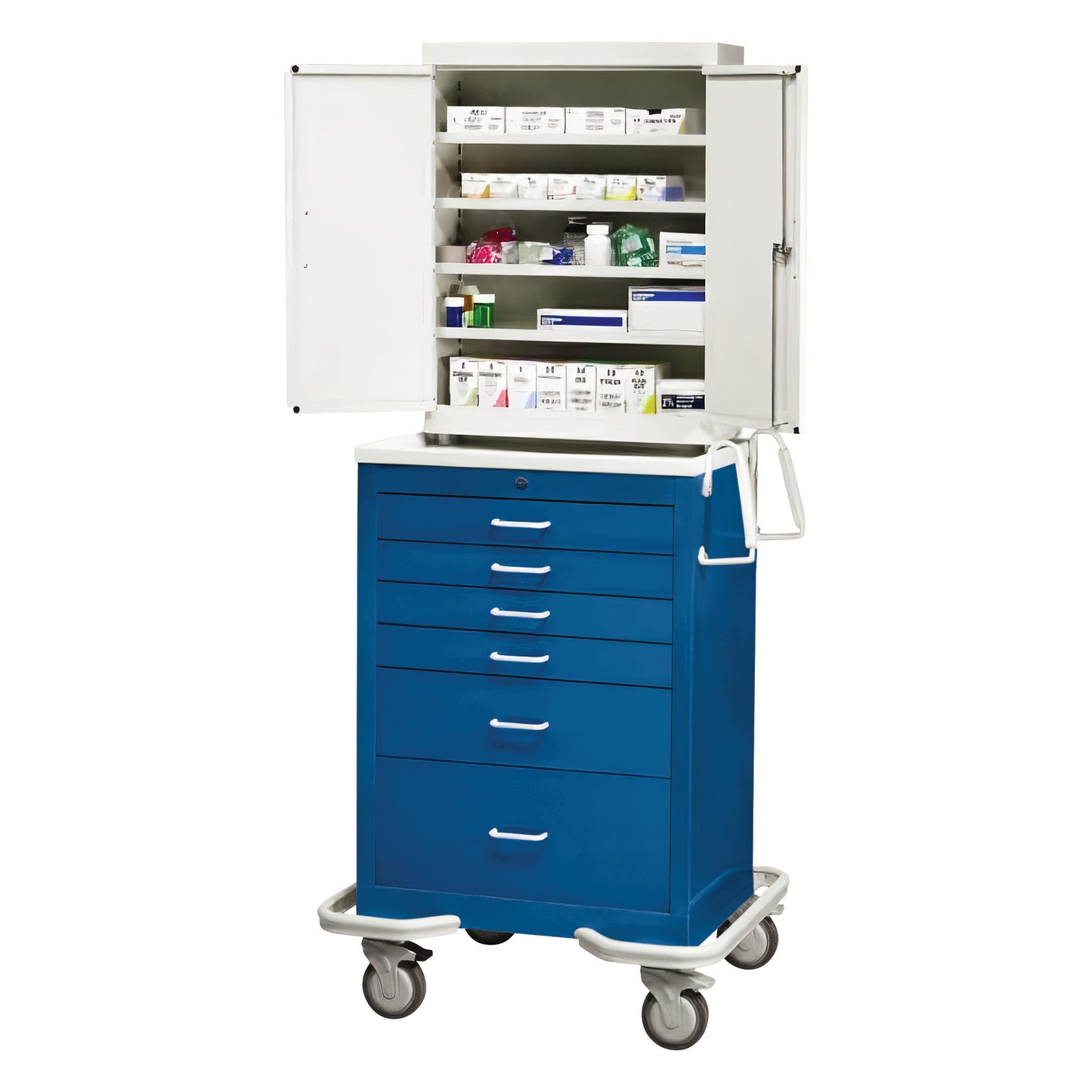 Blue AliMed Standard Series 6-Drawer Suture Cart with Key Lock, open top cabinet showing organized medical supplies, on wheels.