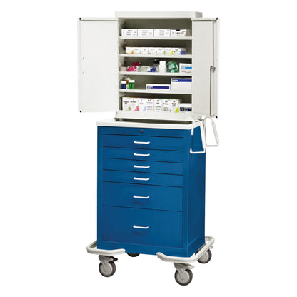 Blue AliMed Standard Series 6-Drawer Suture Cart with Key Lock, open top cabinet showing organized medical supplies, on wheels.