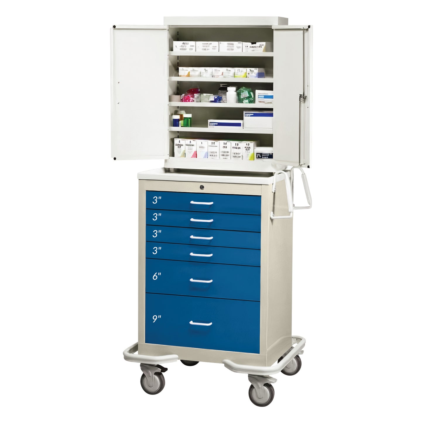 AliMed Standard Series 6-Drawer Suture Cart with Key Lock features an open cabinet with shelves and drawers labeled by size.