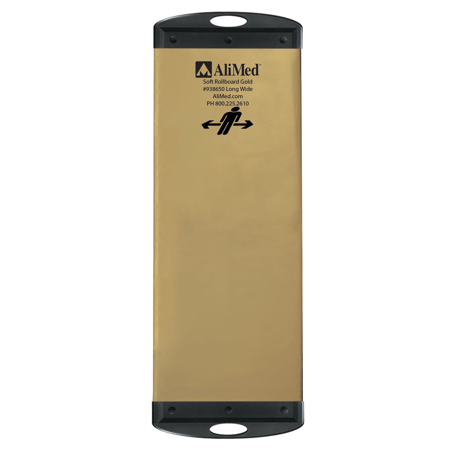 AliMed Soft Gold Rollboard, a long foam transfer board with black handles for moving patients, features instructions and a phone number.
