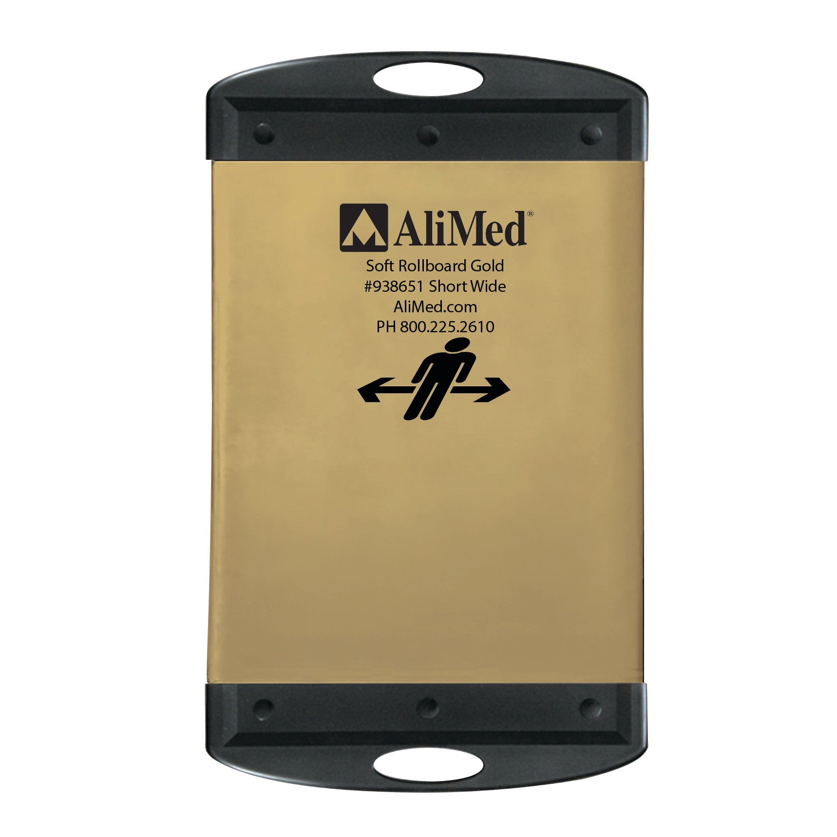 The AliMed Soft Gold Rollboard, in a gold color with black handles and text, is designed for easy patient transfer.
