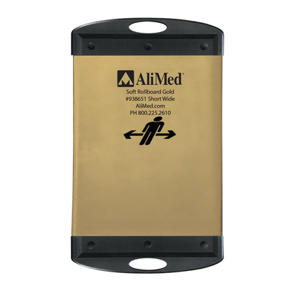 The AliMed Soft Gold Rollboard, in a gold color with black handles and text, is designed for easy patient transfer.