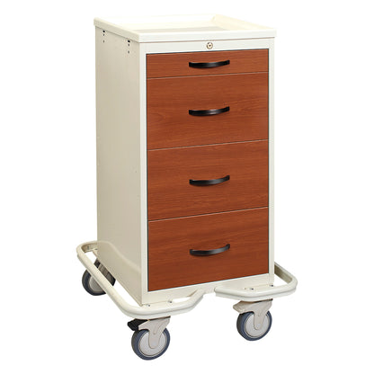 AliMed Mini Series 4-Drawer Wood-Look Tower Cart with four drawers and black handles, features a light wood design and caster wheels.