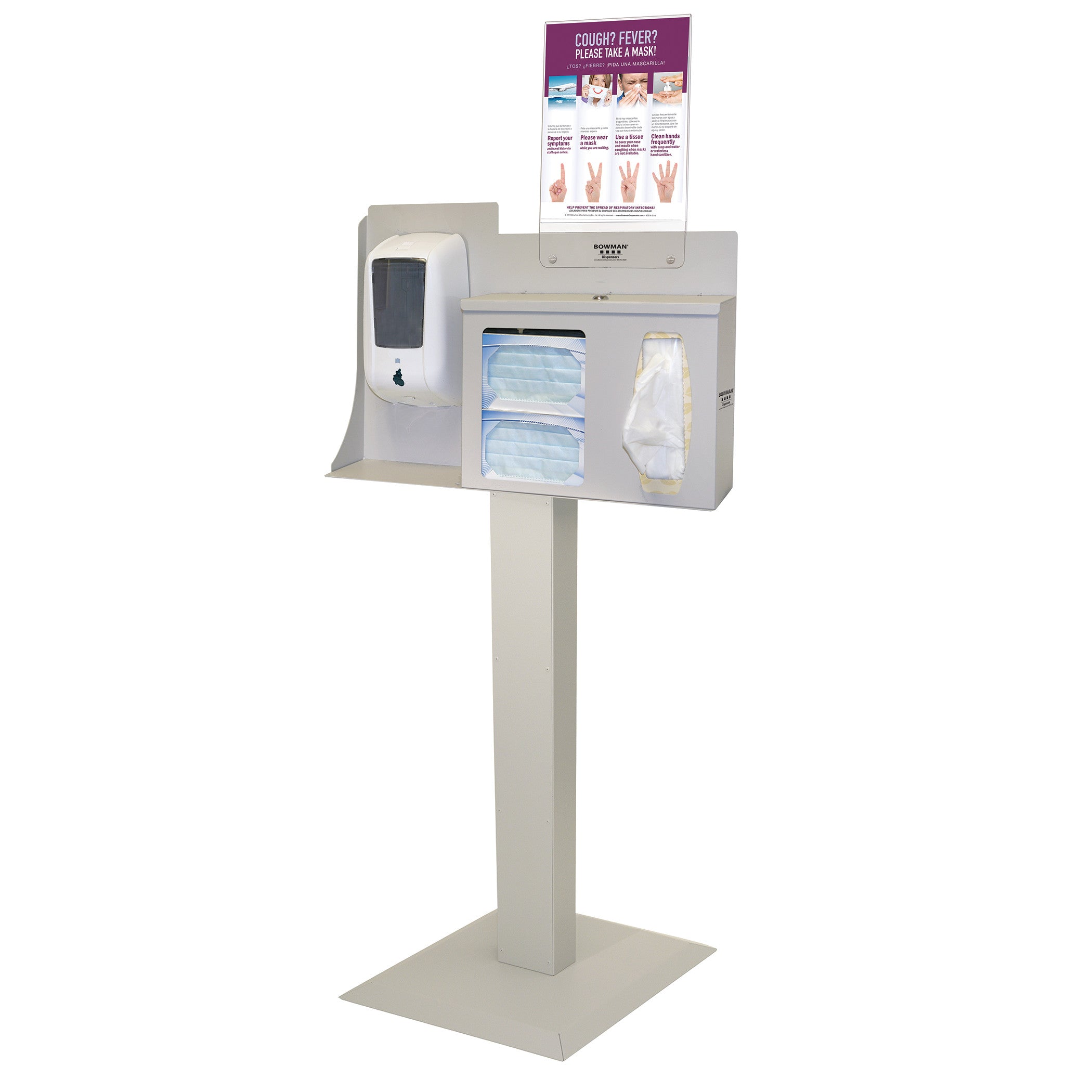 The Bowman Locking Touchless Free-Standing Hygiene System includes a sanitizer dispenser, face mask holders, and health instructions.