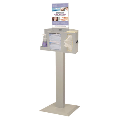 Bowman Basic Free-Standing Hygiene System with compartments for masks, tissues, hand sanitizer, and a sign holder on top.