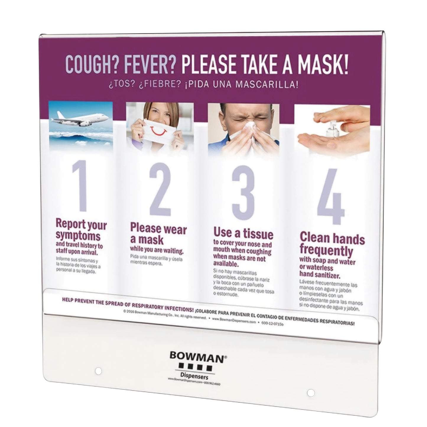 Clear PETG Sign Holder for Bowman Hygiene Centers displays instructions on mask use, symptoms, tissue use, and hand hygiene.