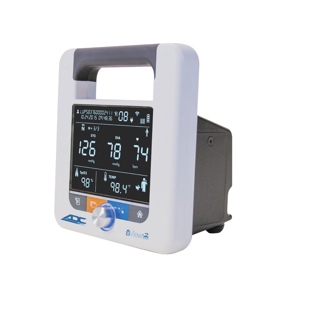 ADC ADView 2 Modular Diagnostic Station displaying systolic and diastolic blood pressure, heart rate, oxygen saturation, and temperature.