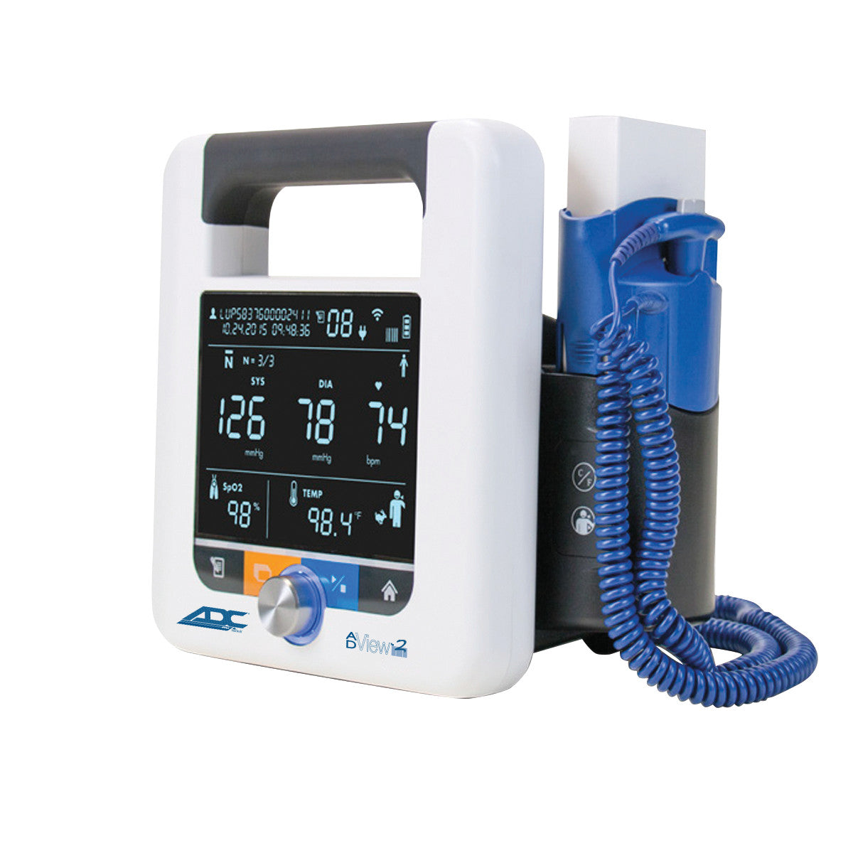 ADC ADView 2 Modular Diagnostic Station with a digital display shows blood pressure, SpO2, and temperature readings.