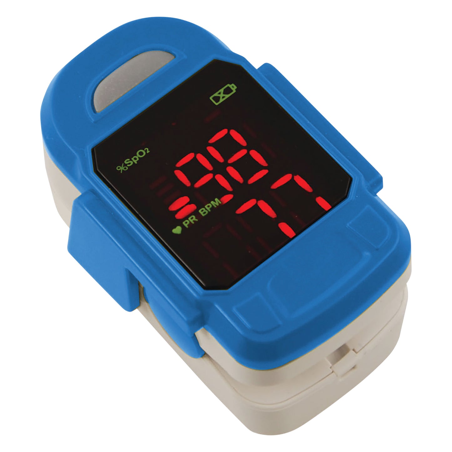 A Baseline Fingertip Pulse Oximeter with a blue casing displays a SpO2 reading of 98% and pulse rate of 77 BPM on its screen.