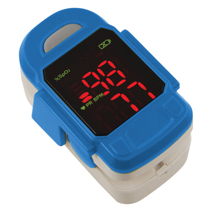 A Baseline Fingertip Pulse Oximeter with a blue casing displays a SpO2 reading of 98% and pulse rate of 77 BPM on its screen.
