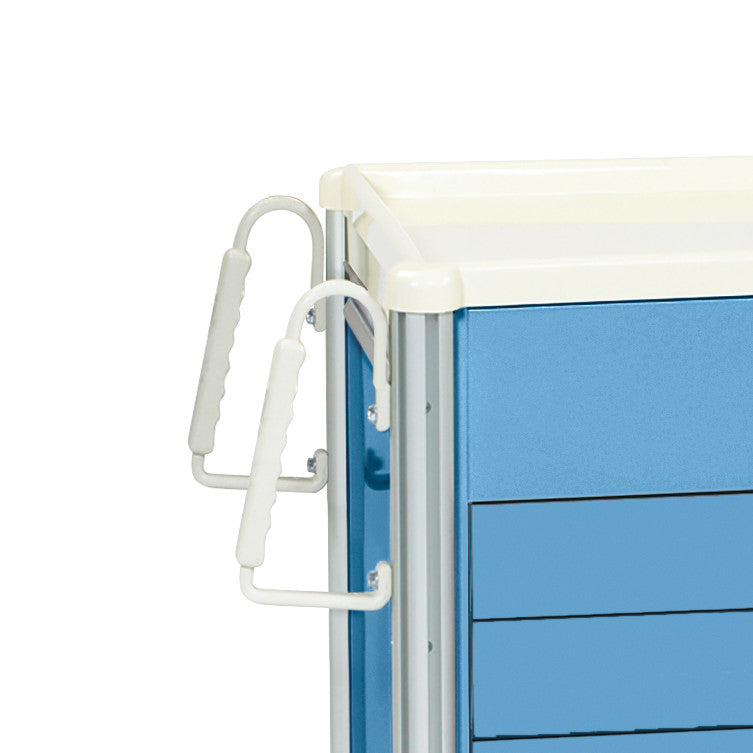 AliMed Cart Accessory: Twin Poly Push Handles attached to the side of a blue medical cart, designed for Mini/Select/Standard/Wide Series.