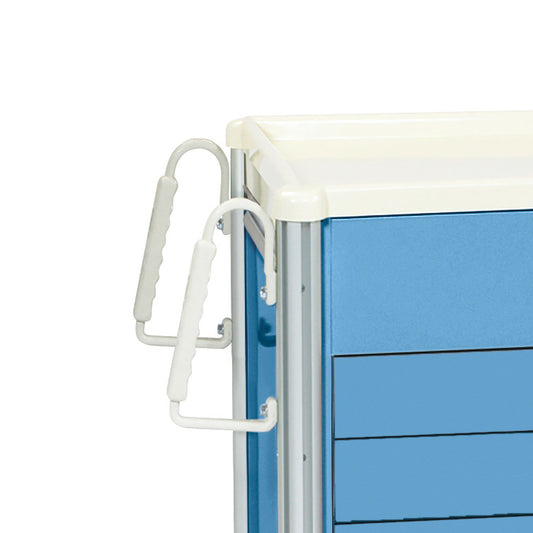 AliMed Cart Accessory: Twin Poly Push Handles attached to the side of a blue medical cart, designed for Mini/Select/Standard/Wide Series.