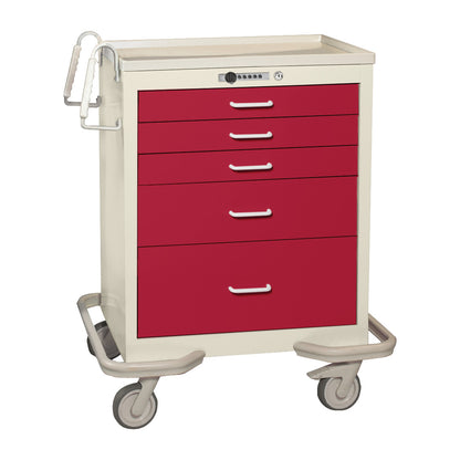 AliMed Standard Series 5-Drawer Anesthesia/Procedure Cart with Push-Button Lock, featuring red drawers and swivel caster wheels.