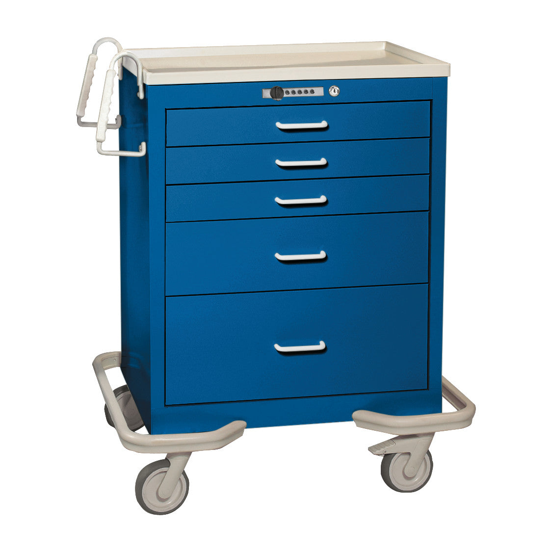 AliMed Standard Series 5-Drawer Anesthesia/Procedure Cart with Push-Button Lock, blue, with five drawers and handles, on wheels.