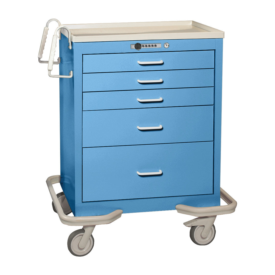 AliMed Standard Series 5-Drawer Anesthesia/Procedure Cart with Push-Button Lock, featuring a blue body, wheels, and a side handle.