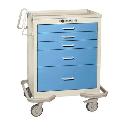 The AliMed Standard Series 5-Drawer Anesthesia/Procedure Cart with Push-Button Lock features blue drawers and four swivel casters.