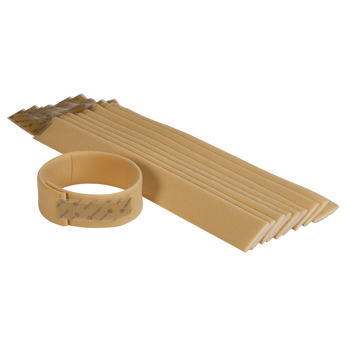 AliMed Beta Pile II Self-Adhesive Strap set, showing several flat strips and one looped, in a tan color with adhesive backing.