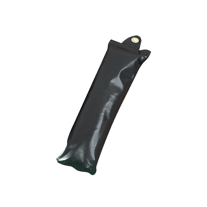 A black AliMed Traction Sandbag with a hanging tab and grommet, designed for physical therapy or rehabilitation purposes.