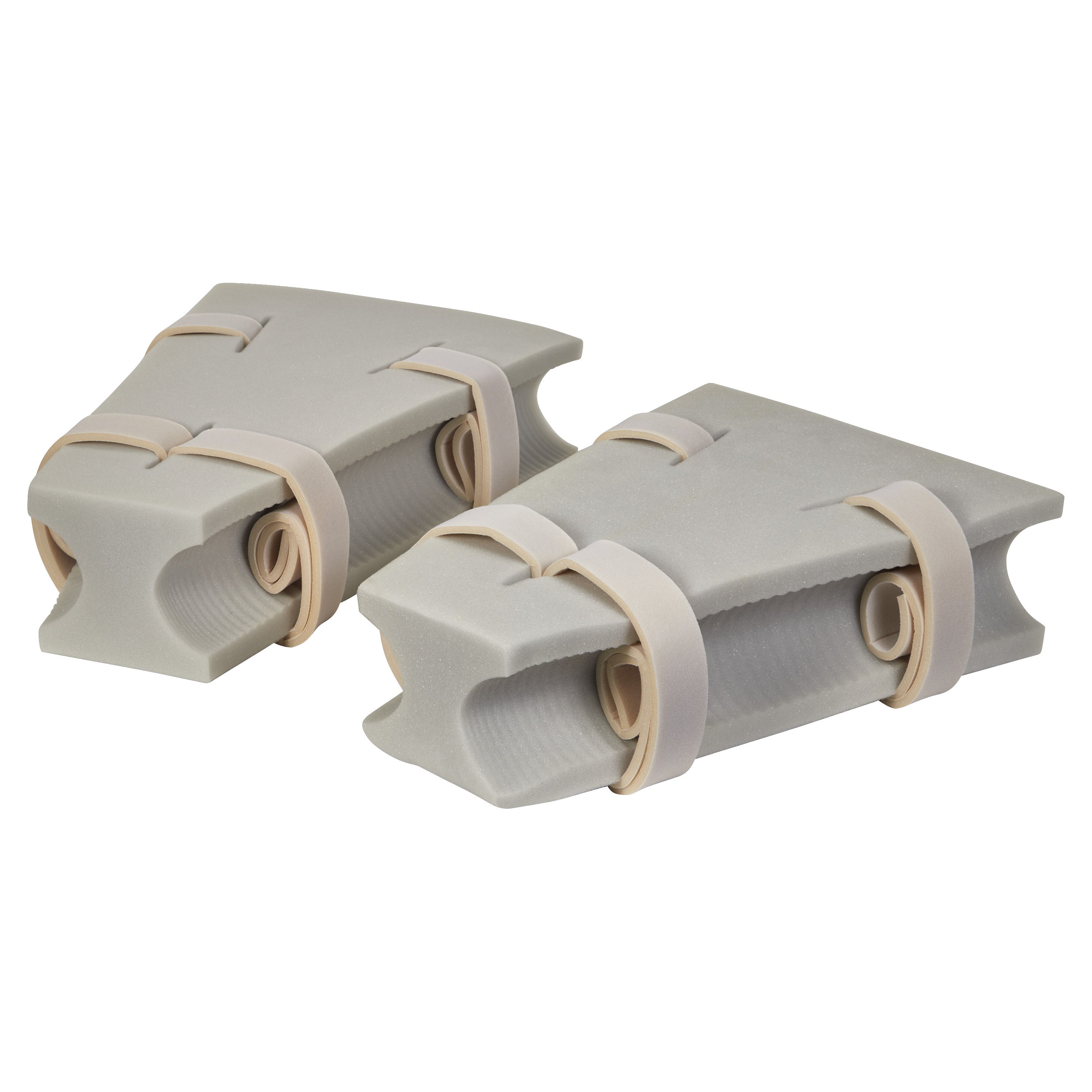 Two gray foam AliMed Abduction Pillows with beige straps, designed for post-surgical leg support and positioning.