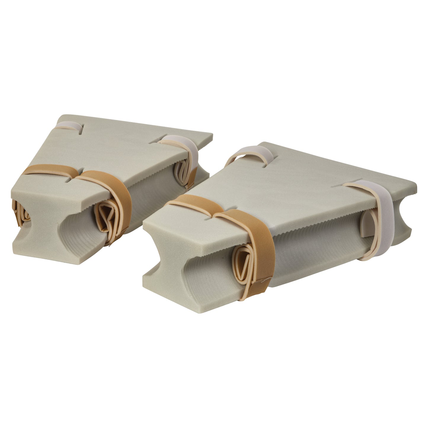 Two beige foam wedges with straps, used as AliMed Abduction Pillows for hip abduction and leg positioning.