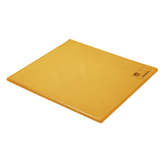 Yellow AliMed AliGel Knee Crutch Pad on a white background, featuring a smooth texture and a label in the top right corner.