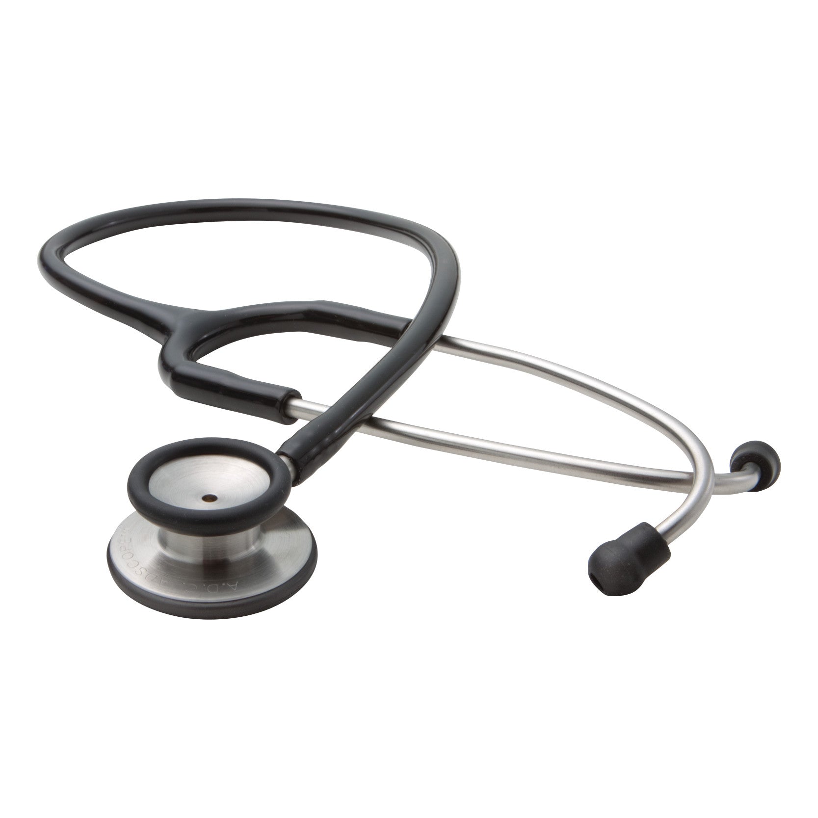 The ADC Adscope 603 Clinician Stethoscope is shown with a black tube and stainless steel chestpiece, lying on a white background.