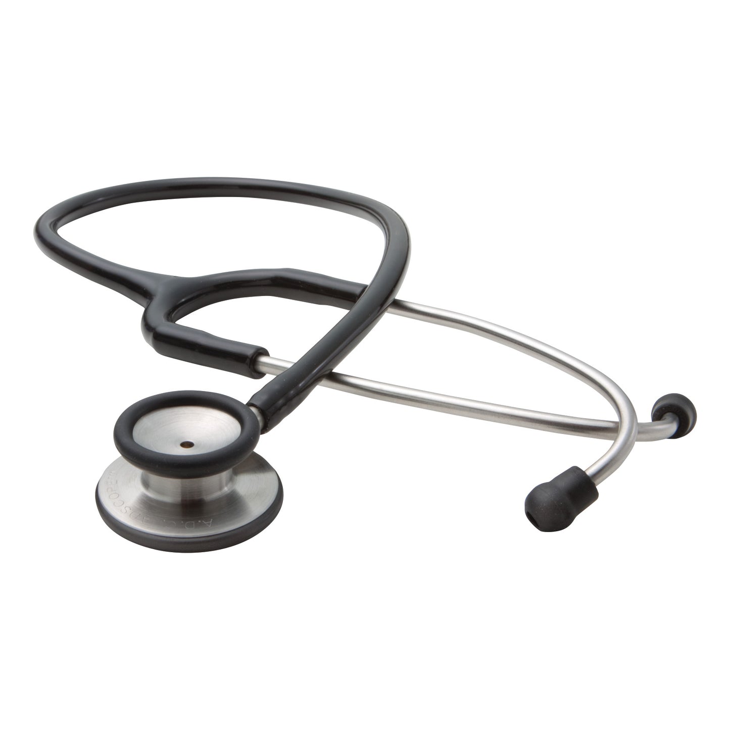 The ADC Adscope 603 Clinician Stethoscope is shown with a black tube and stainless steel chestpiece, lying on a white background.