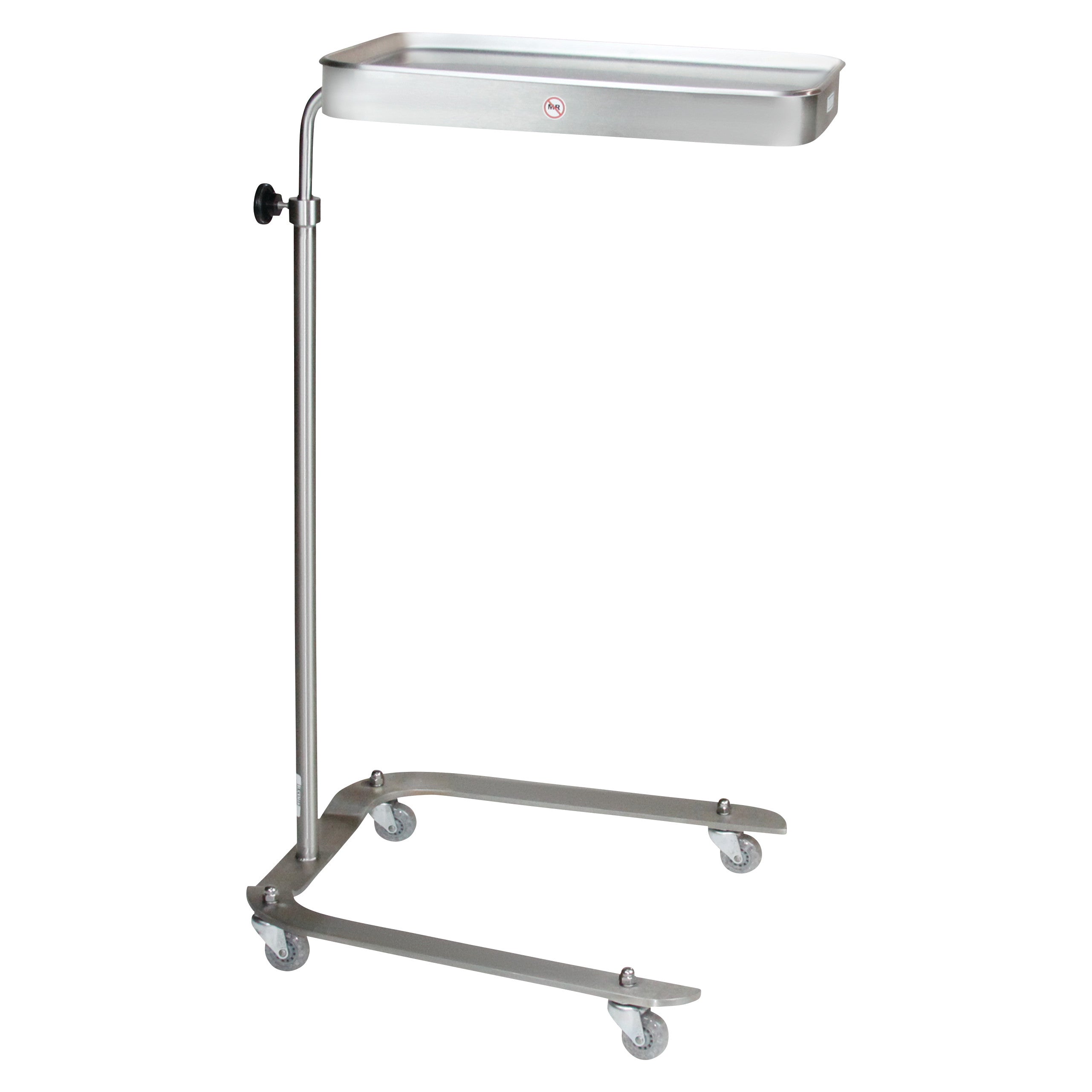 The image depicts a Blickman Newark Mayo Stand, a stainless steel medical tray on a height-adjustable stand with four wheels.