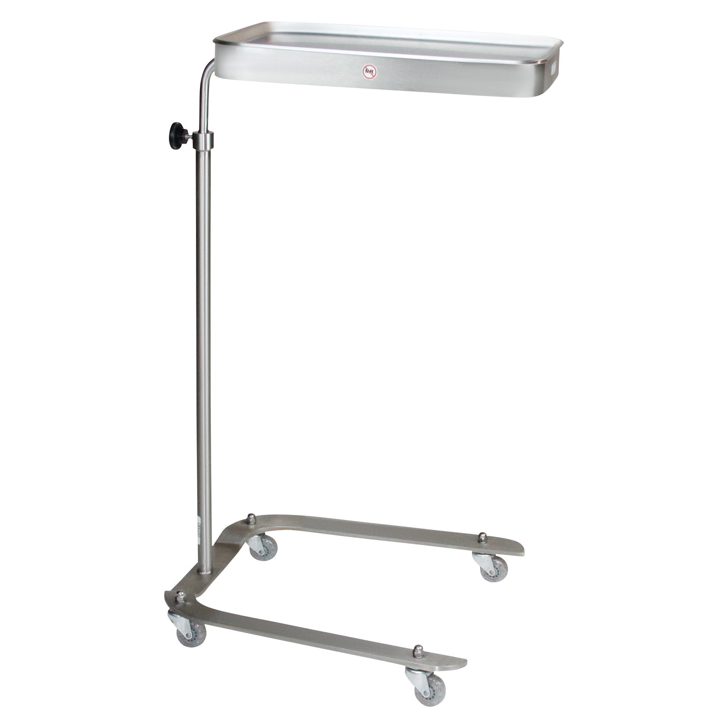 The image depicts a Blickman Newark Mayo Stand, a stainless steel medical tray on a height-adjustable stand with four wheels.