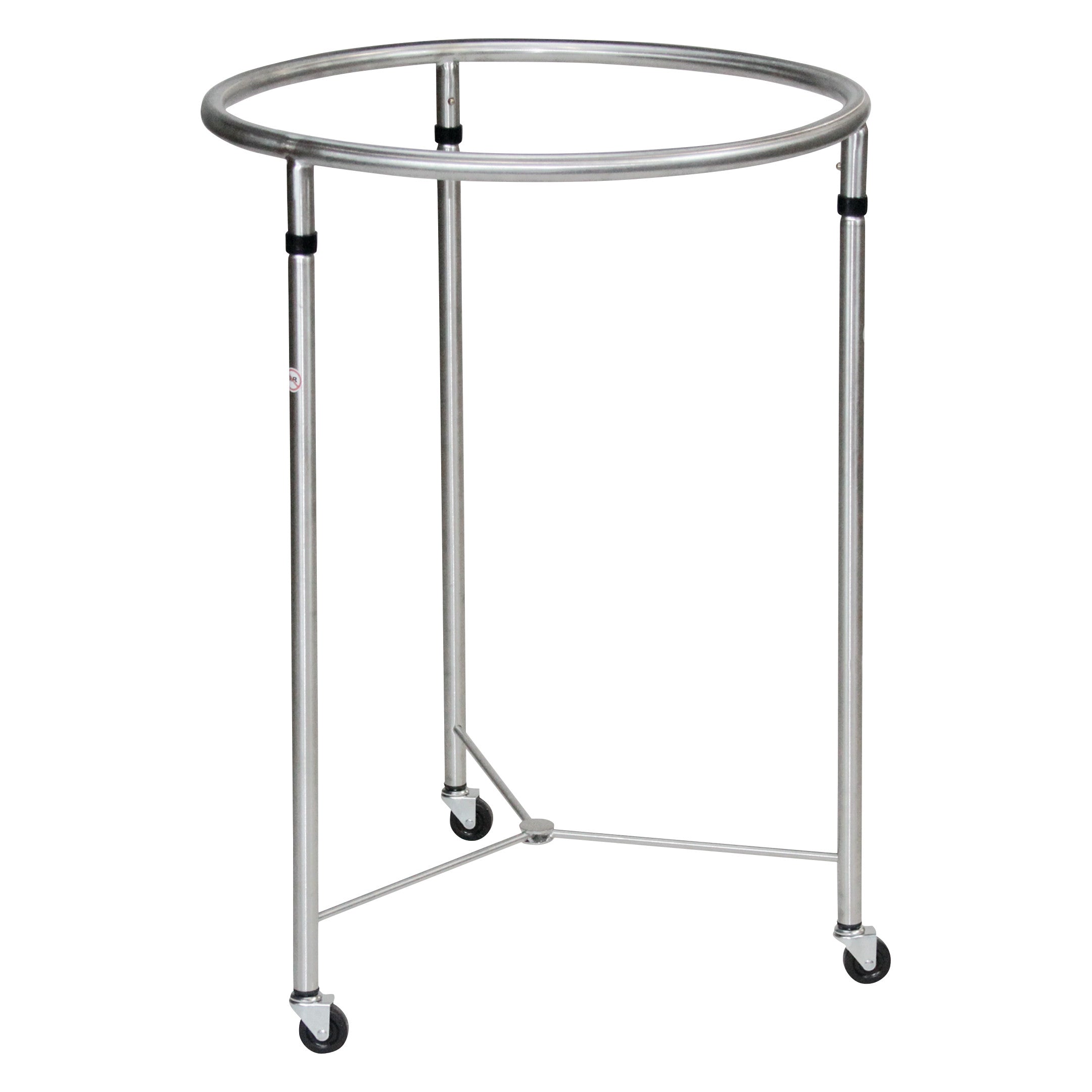 Blickman Open Round Hamper features a circular metal frame with three legs on casters for mobility, designed for holding laundry bags.