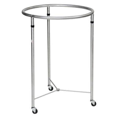 Blickman Open Round Hamper features a circular metal frame with three legs on casters for mobility, designed for holding laundry bags.