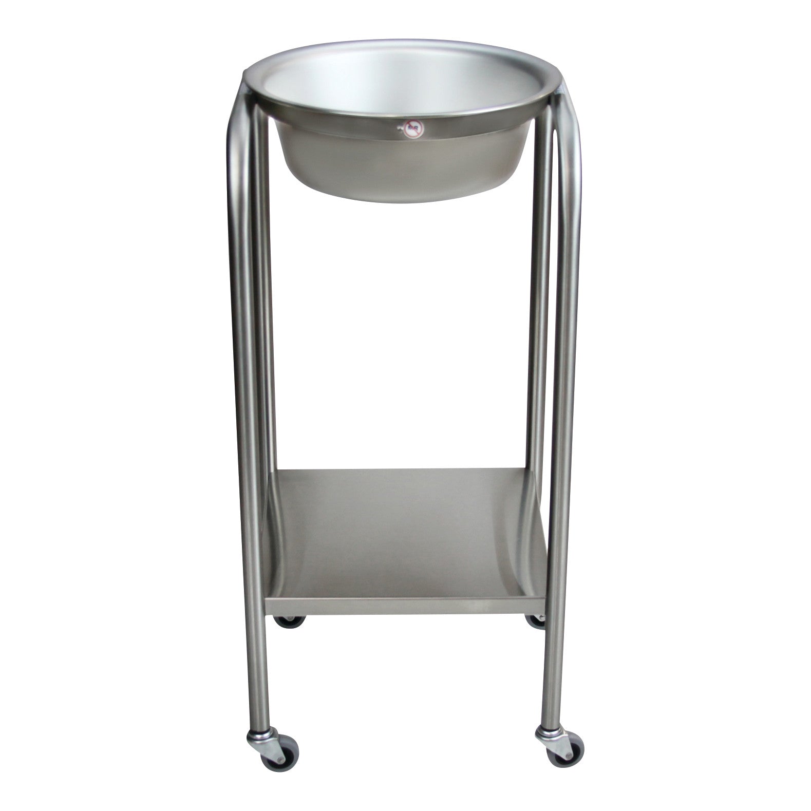 Blickman Single Basin Solution Stand with a round basin, four metal legs, and a lower metal shelf, mounted on wheels.