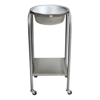 Blickman Single Basin Solution Stand with a round basin, four metal legs, and a lower metal shelf, mounted on wheels.