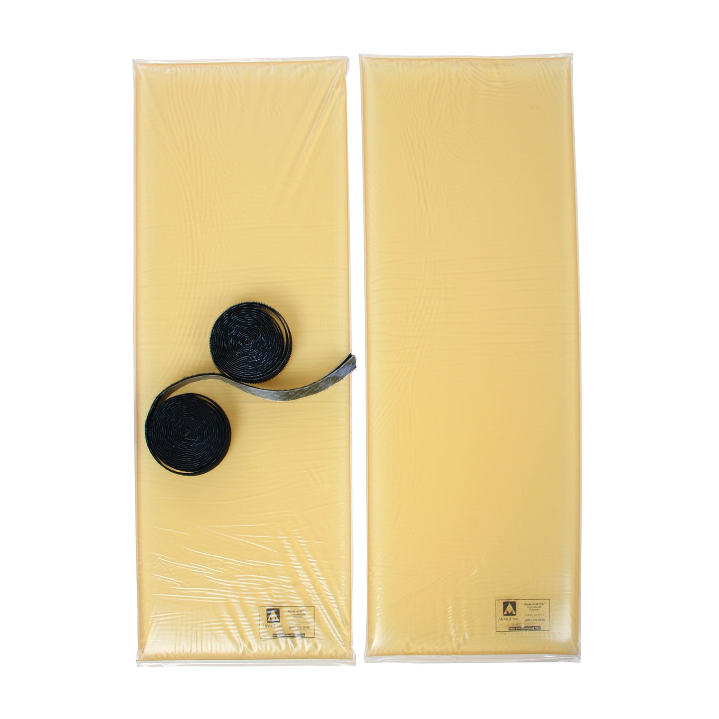 Two yellow AliMed AliGel Wilson Pad Set pieces with black rolled straps, set on a white background.