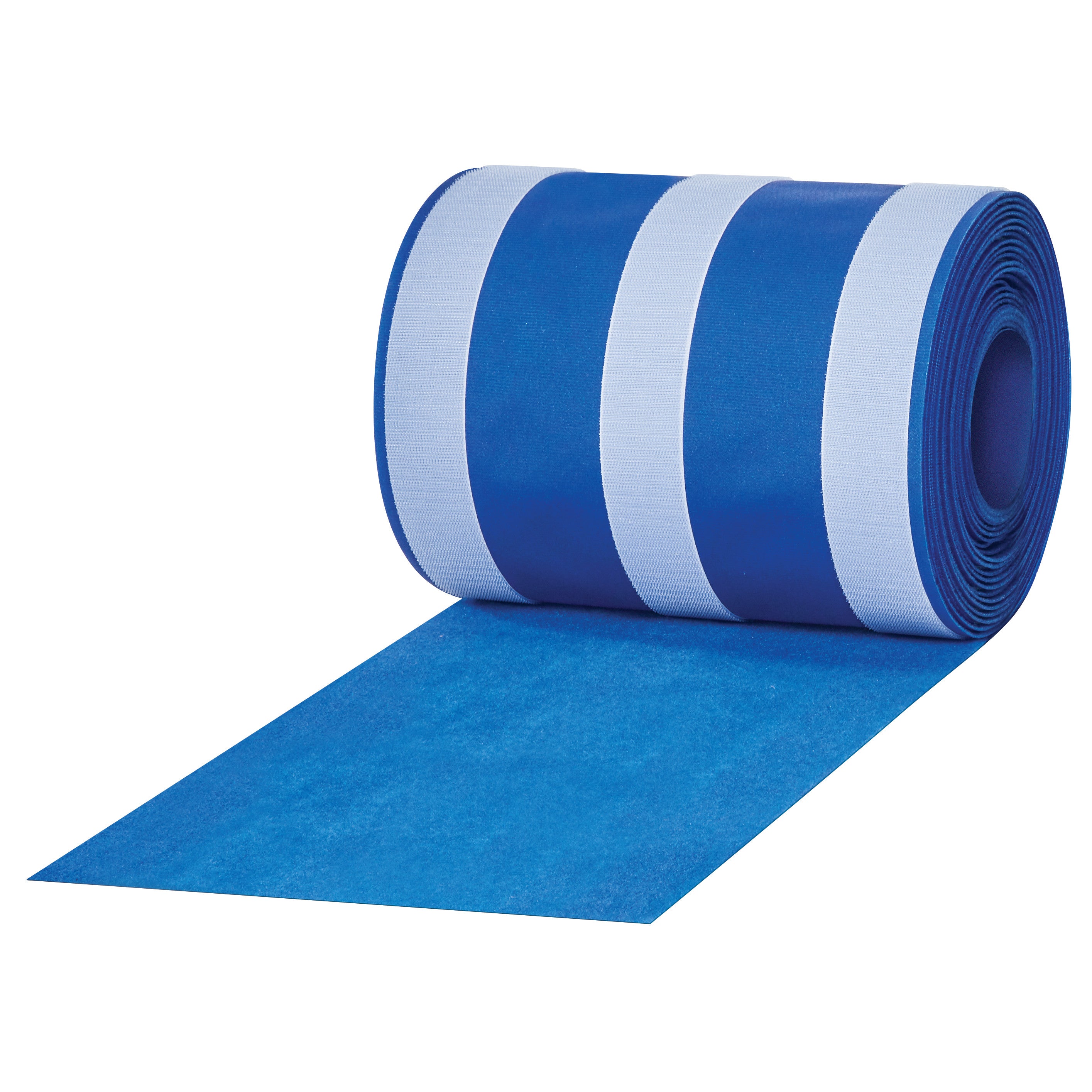 A roll of the AliMed AliStrap Positioning Strap, featuring blue material with white stripes, partially unrolled.