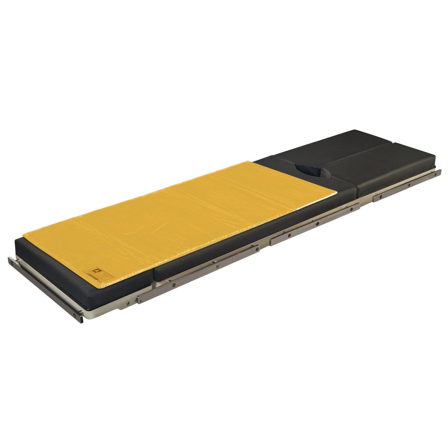 A medical stretcher with a yellow Action Surface Overlay and black padding, designed for patient comfort and support.