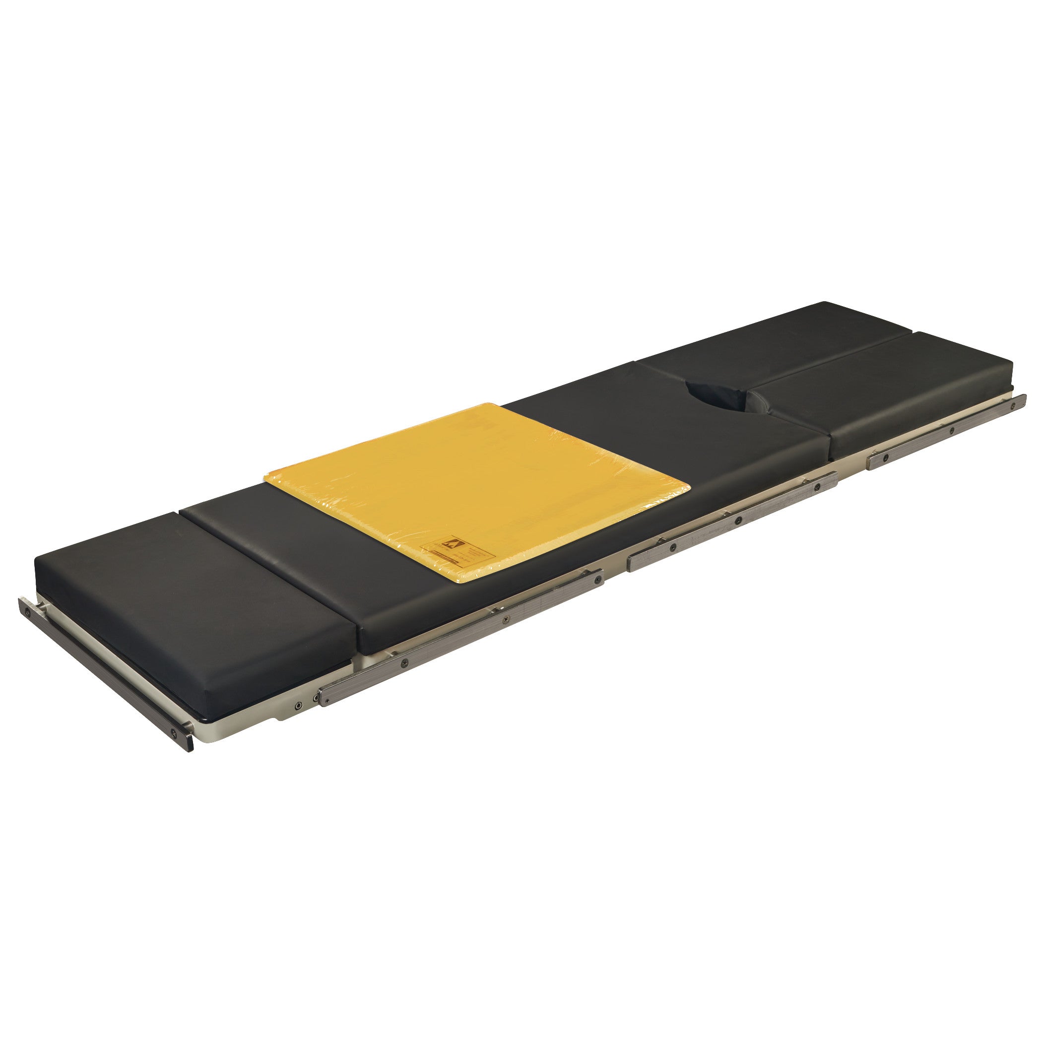 A black, padded patient stretcher with an Action Surface Overlay on top, featuring a yellow section and a headrest cutout.