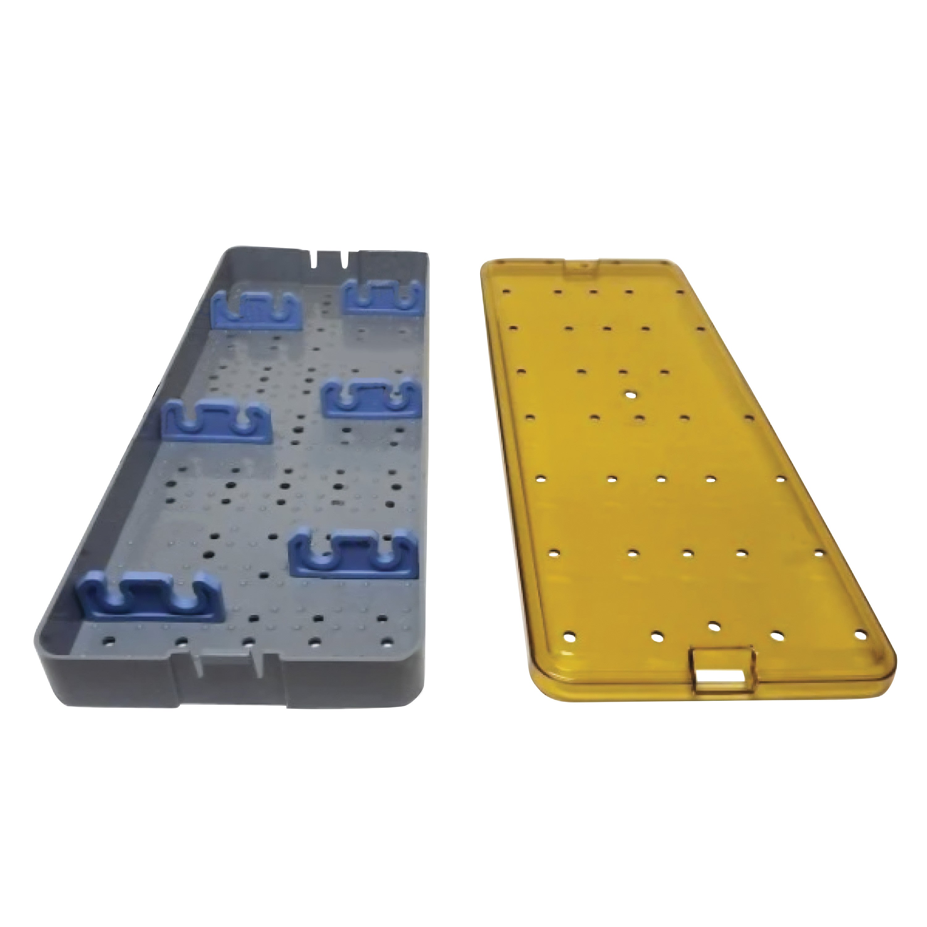 PST Scope Sterilization Tray with a gray bottom featuring blue holders and a yellow perforated lid designed for medical equipment.