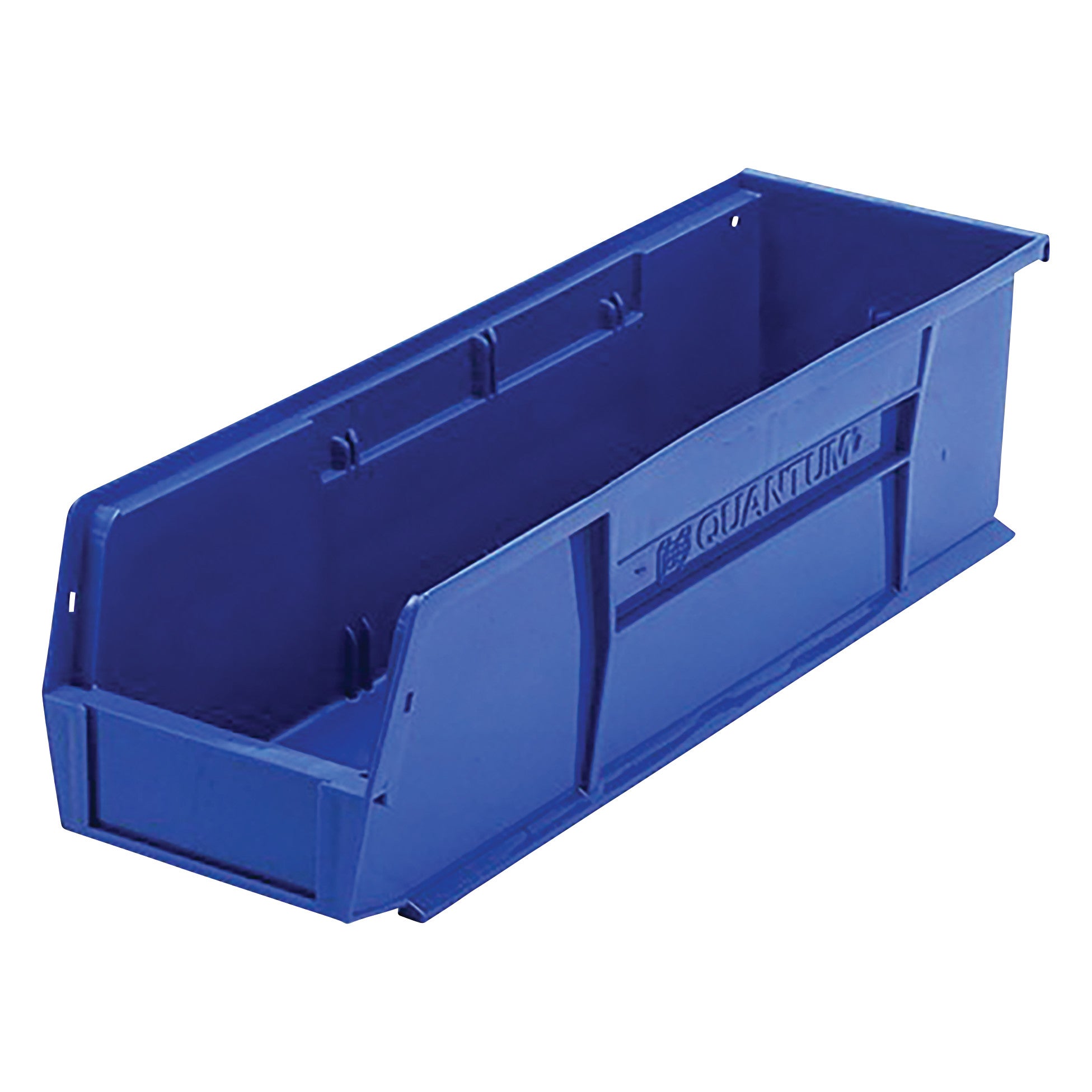 A blue Quantum Ultra Stack and Hang Bin with an open front and grooved sides for stacking and hanging purposes.