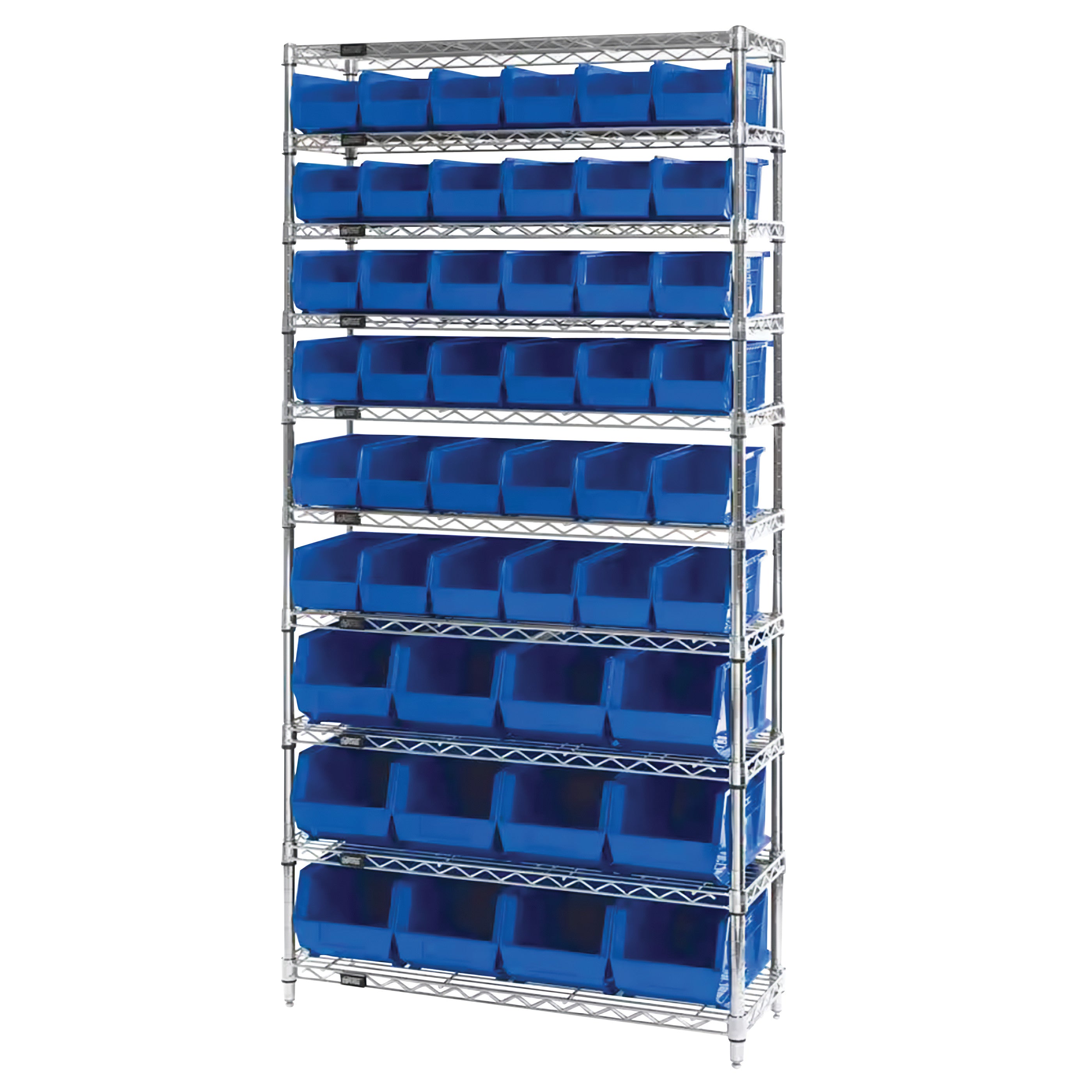 Quantum Chrome Wire 10-Shelf System with multiple blue storage bins, featuring a tall, metal framework for organizing items.