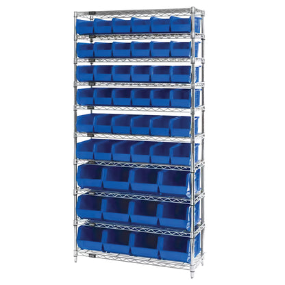 Quantum Chrome Wire 10-Shelf System with multiple blue storage bins, featuring a tall, metal framework for organizing items.