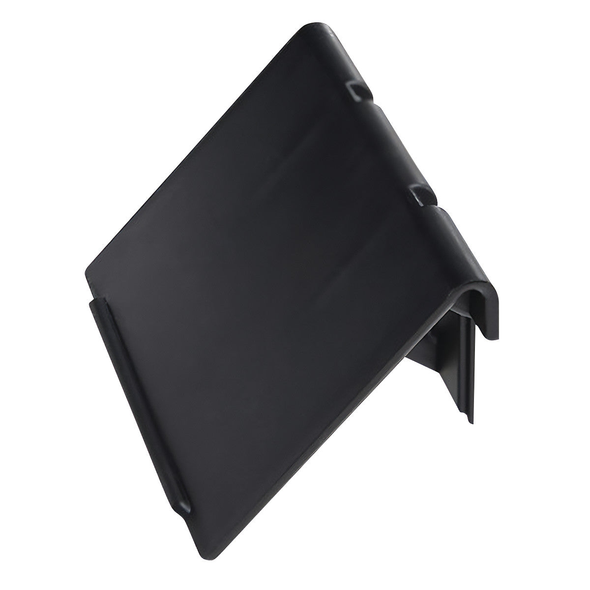 A black Extended Label Holder for Quantum Economy Shelf Bin, designed to attach to the front edge of a shelf for holding labels.